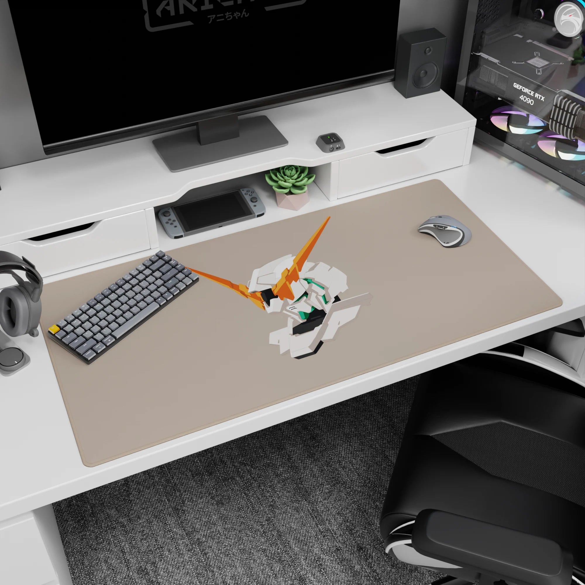 Mobile Suit Gundam Unicorn Unicorn Gundam head close-up desk pad with orange V-fins, 40x20 inches.
