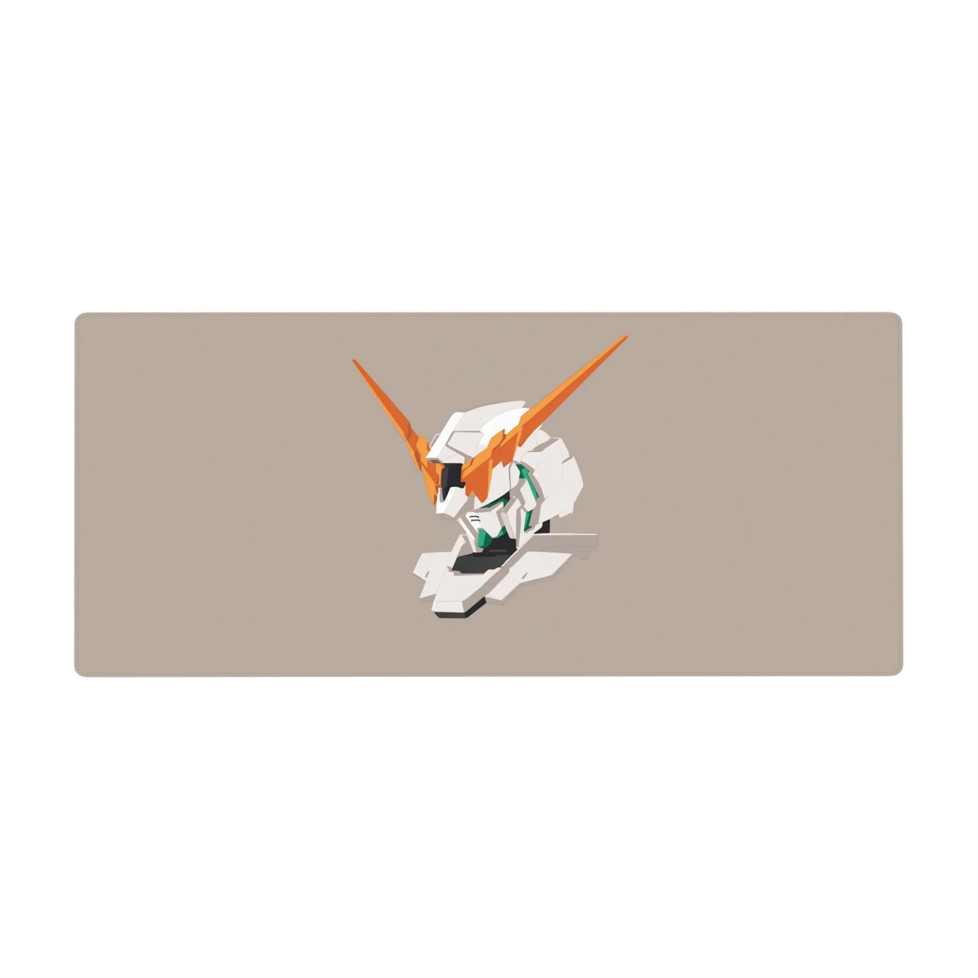 Minimal Unicorn Gundam head anime desk pad, clean layout with orange V-fins, 36x16 inches.