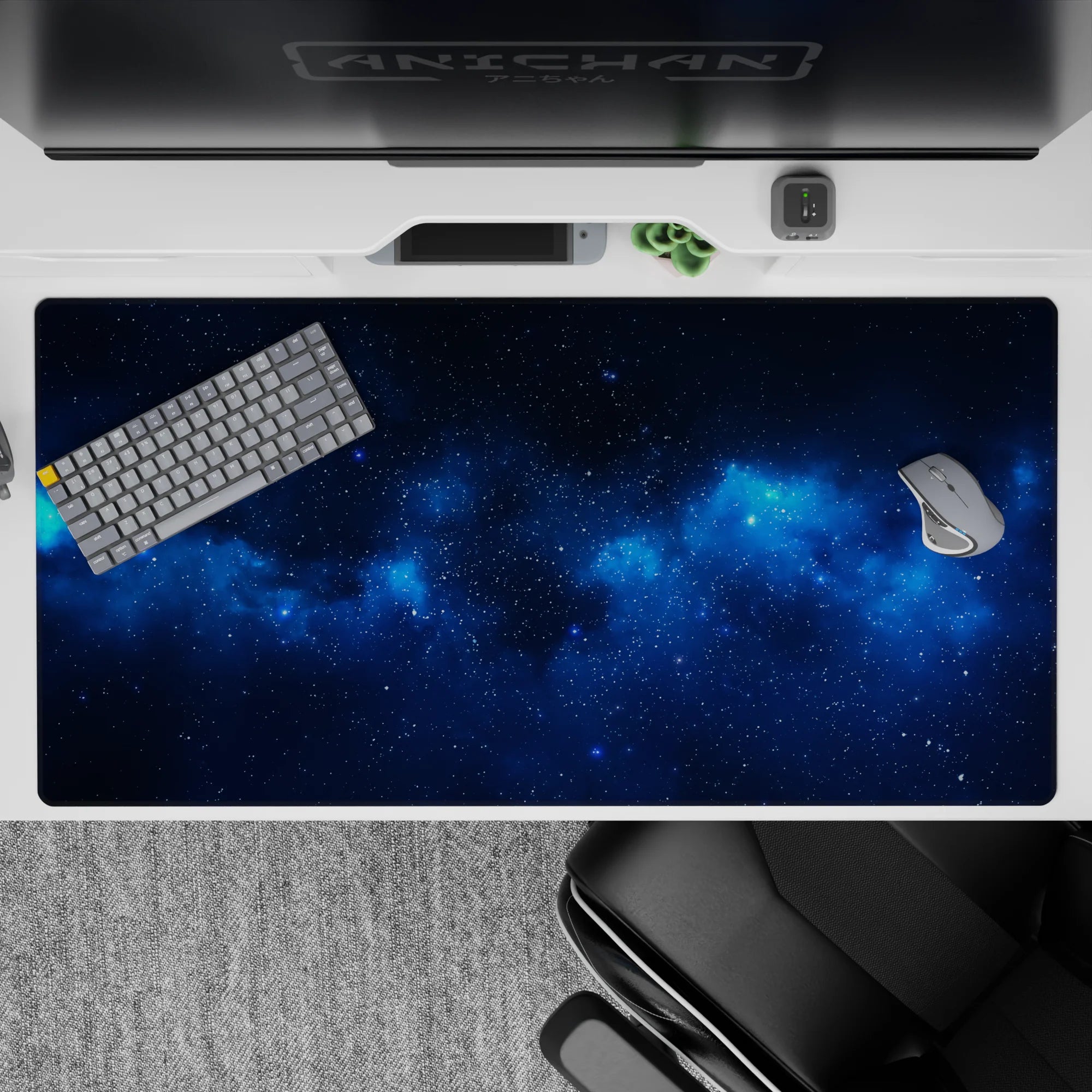 Deep navy to electric blue desk pad 40x20 inches with calm, dreamy space vibe and smooth glide.