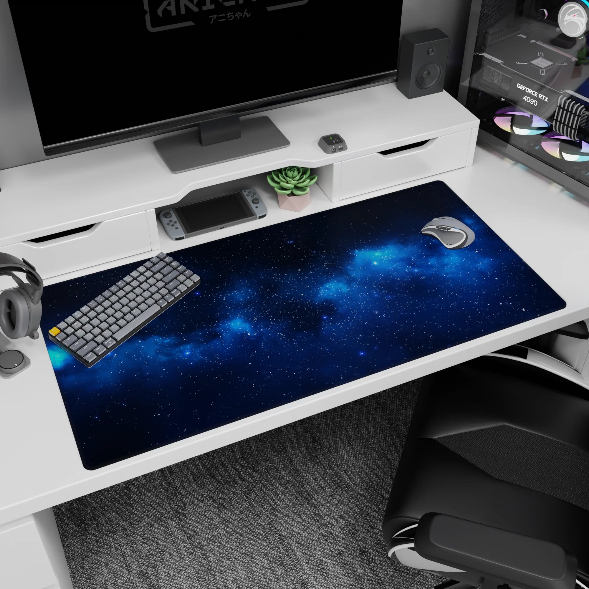 Starry night sky scene desk pad 40x20 inches featuring tiny stars and drifting nebula across a galaxy.