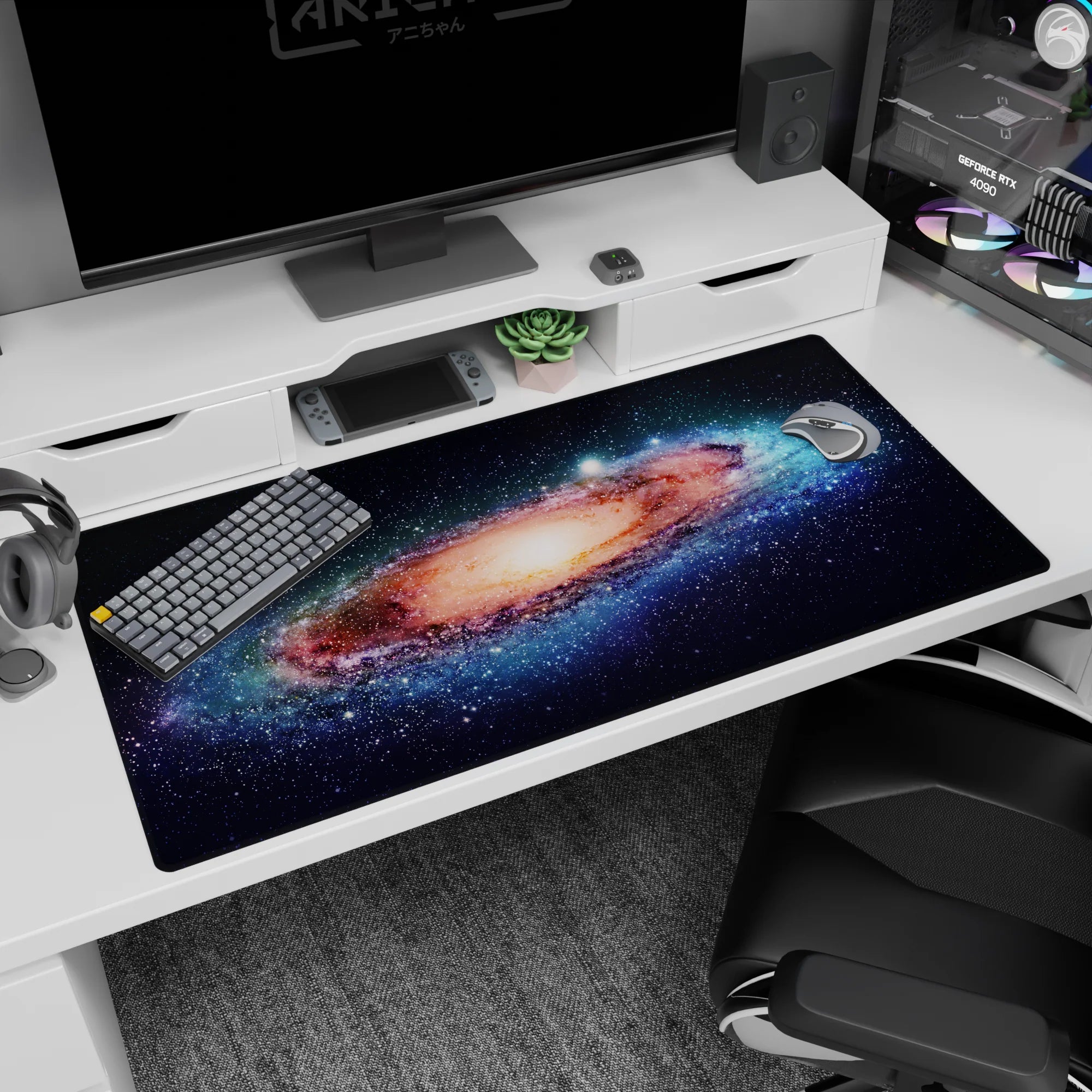 Glowing spiral galaxy scene with tiny star lights desk pad for large workspace, 40x20 inches.