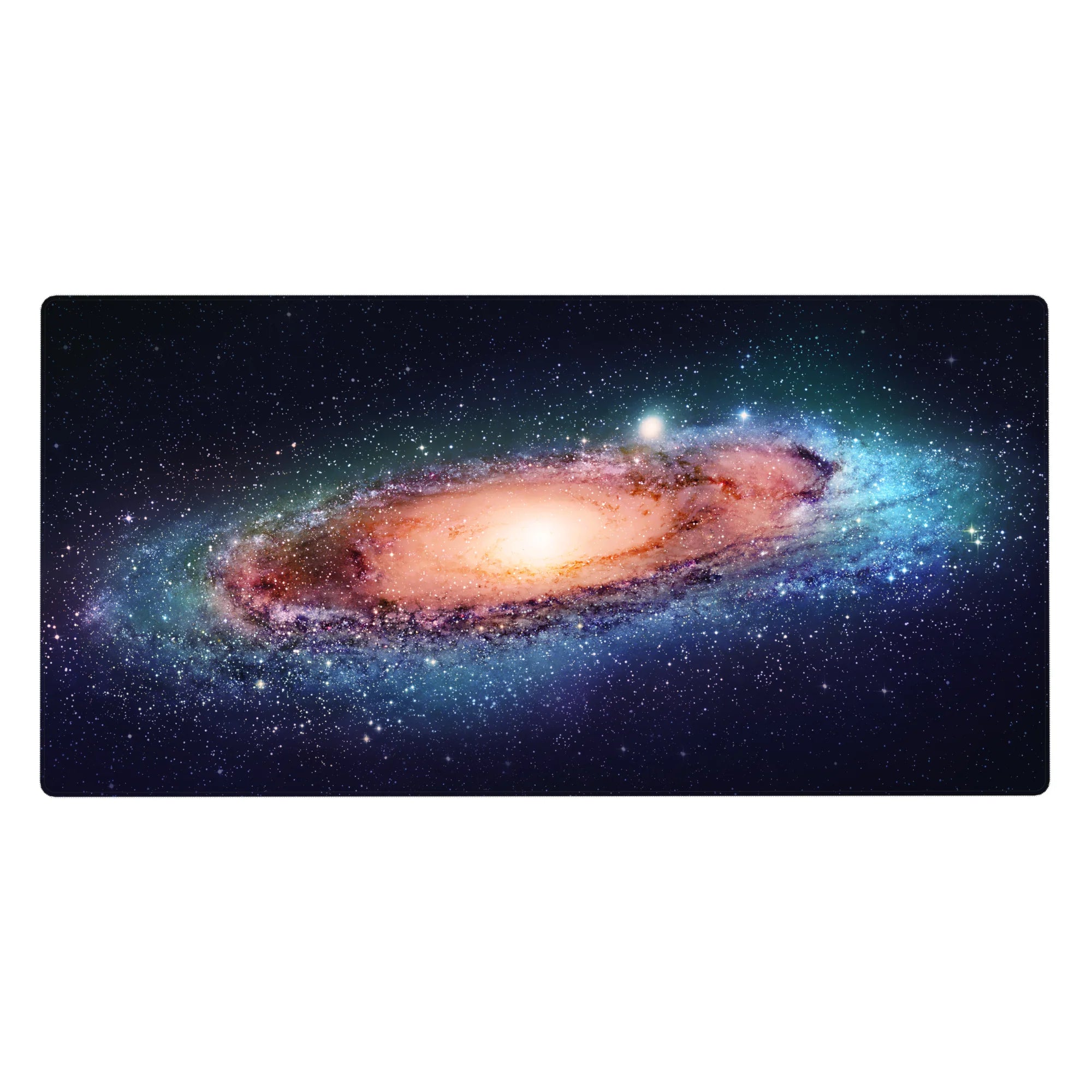 Spiral galaxy starry night desk pad, glowing cosmic swirl design, 40x20 inches.