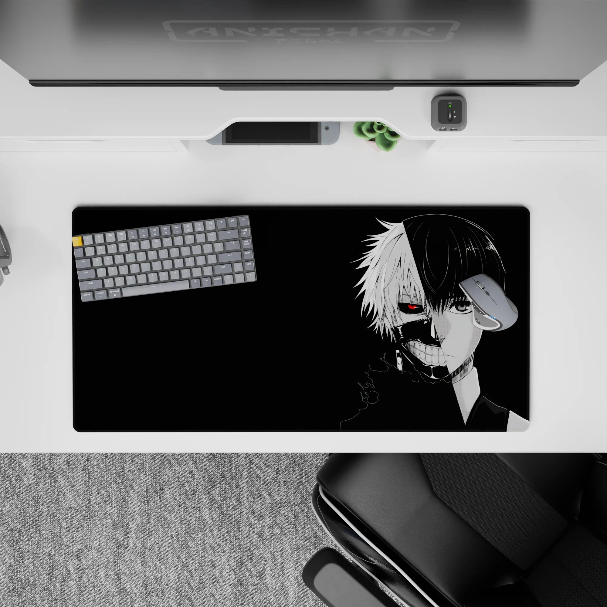 Kaneki split-face Tokyo Ghoul anime mouse pad, 32x16 inches, featuring a dramatic black background and vivid red eye.