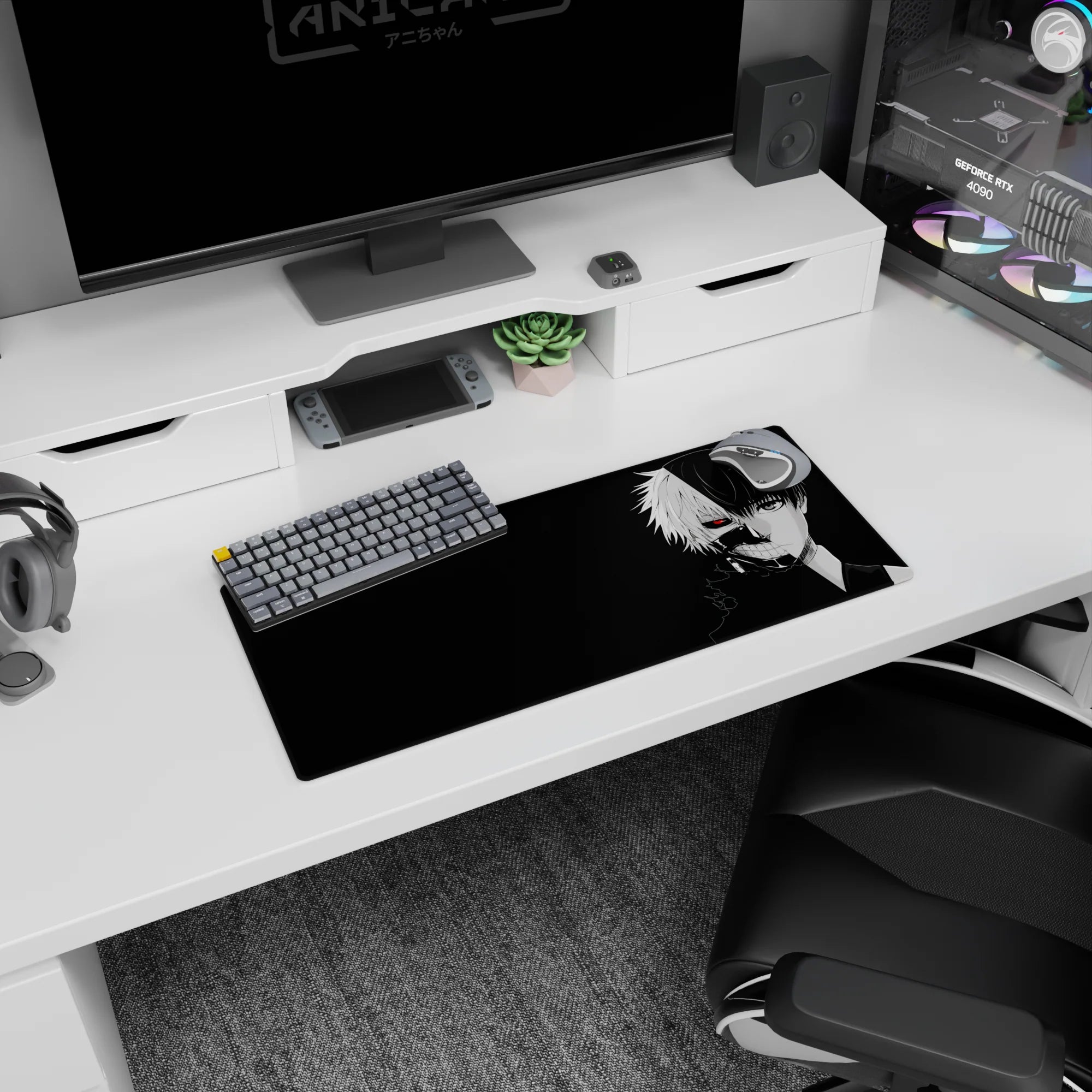 Kaneki split face mouse pad from Tokyo Ghoul, 28x12 inches, featuring a red eye and black background for striking impact.