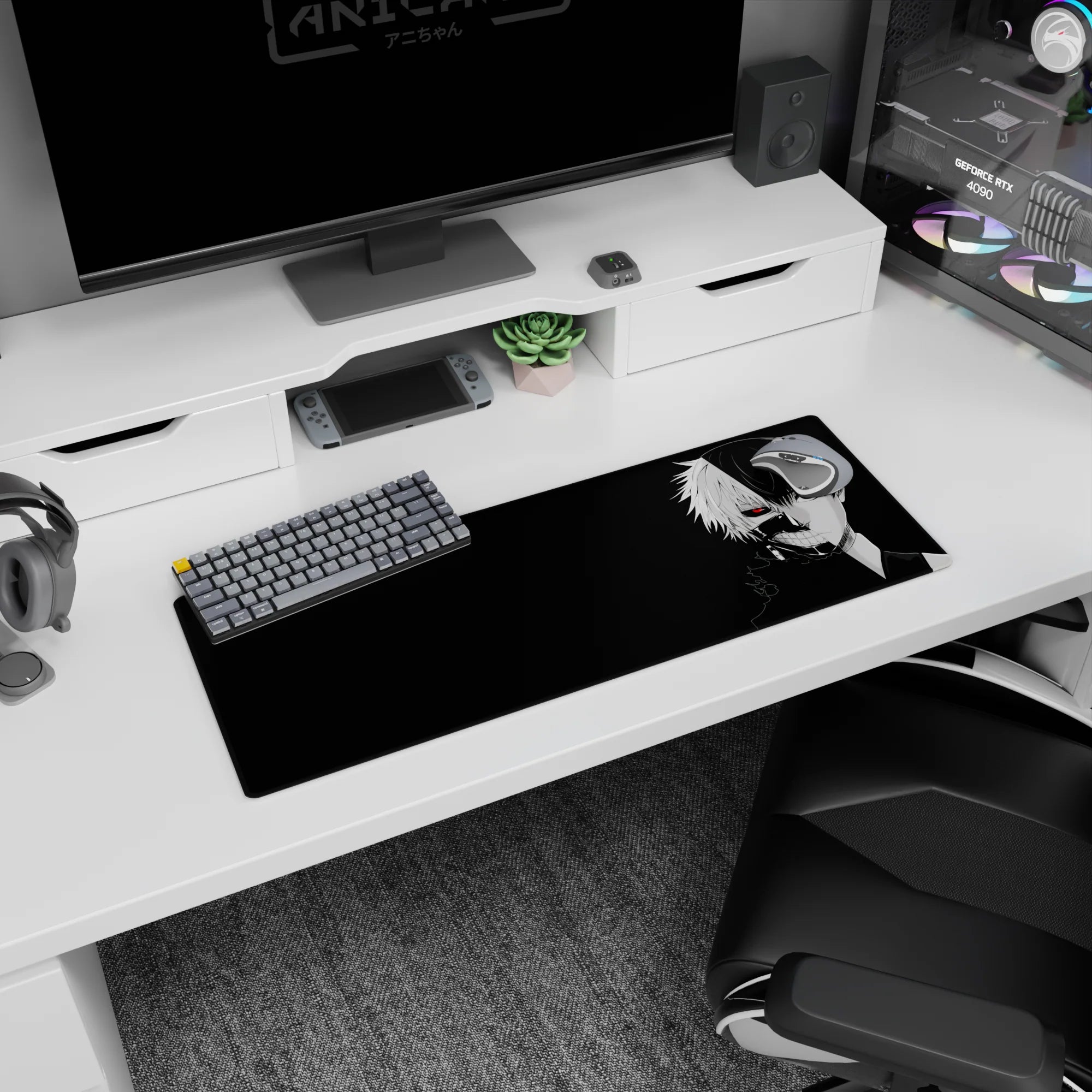 Kaneki&#39;s split face mouse pad from Tokyo Ghoul, 32x12 inches, features a striking design with a glowing red eye on a black background.