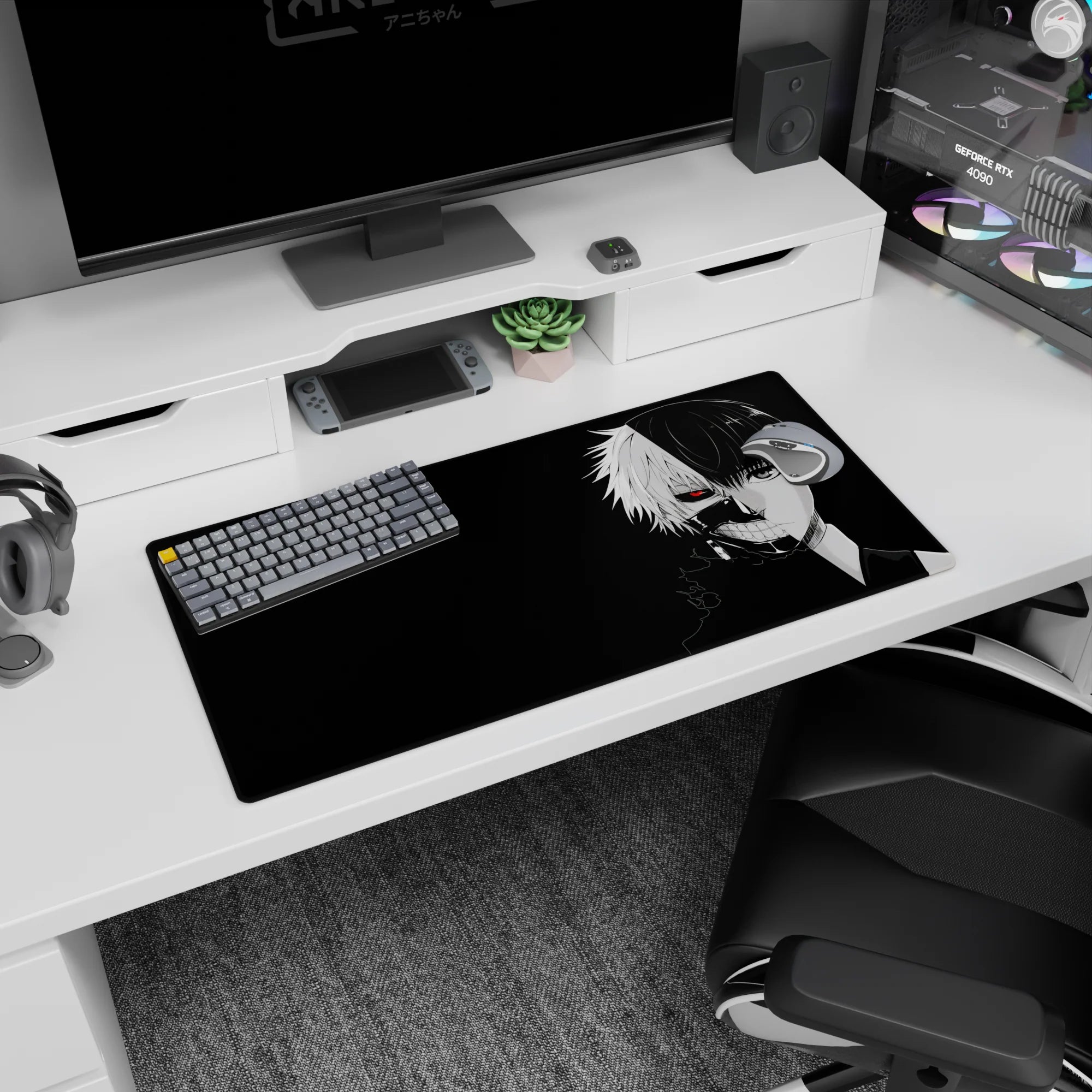 Kaneki&#39;s split face from Tokyo Ghoul on 32x16 inch anime mouse pad, featuring a red eye and black background.