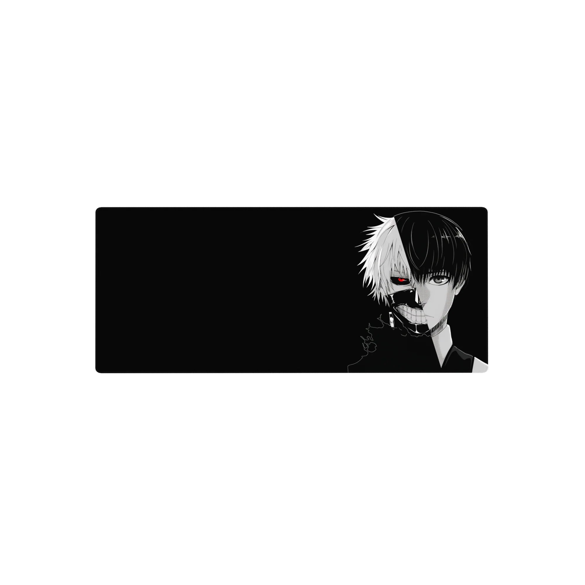 Kaneki split face mouse pad, Tokyo Ghoul design, 28x12 inches. Features feral grin, silent stare, and glowing red eye.