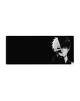 Kaneki split face mouse pad, Tokyo Ghoul design, 28x12 inches. Features feral grin, silent stare, and glowing red eye.
