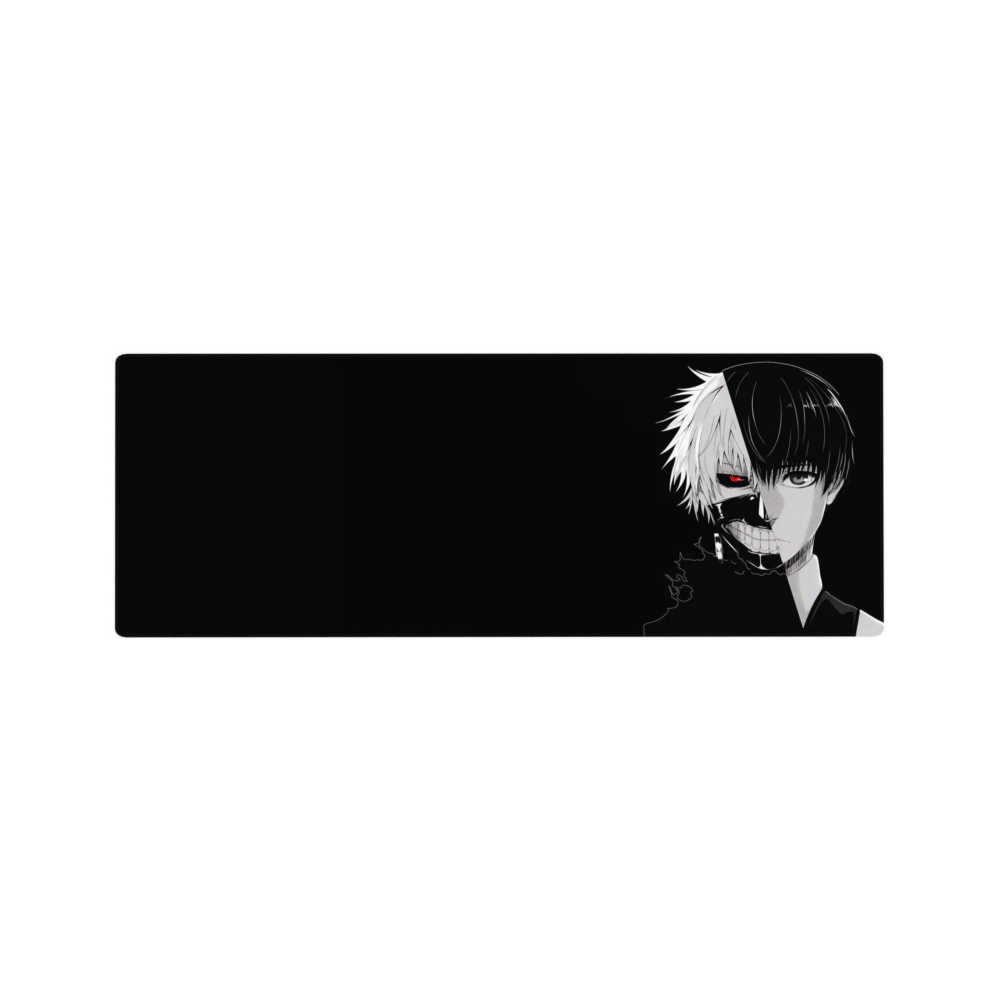 Anime mouse pad 32x12 inches featuring Kaneki from Tokyo Ghoul with split face design, red eye, and all-black background.