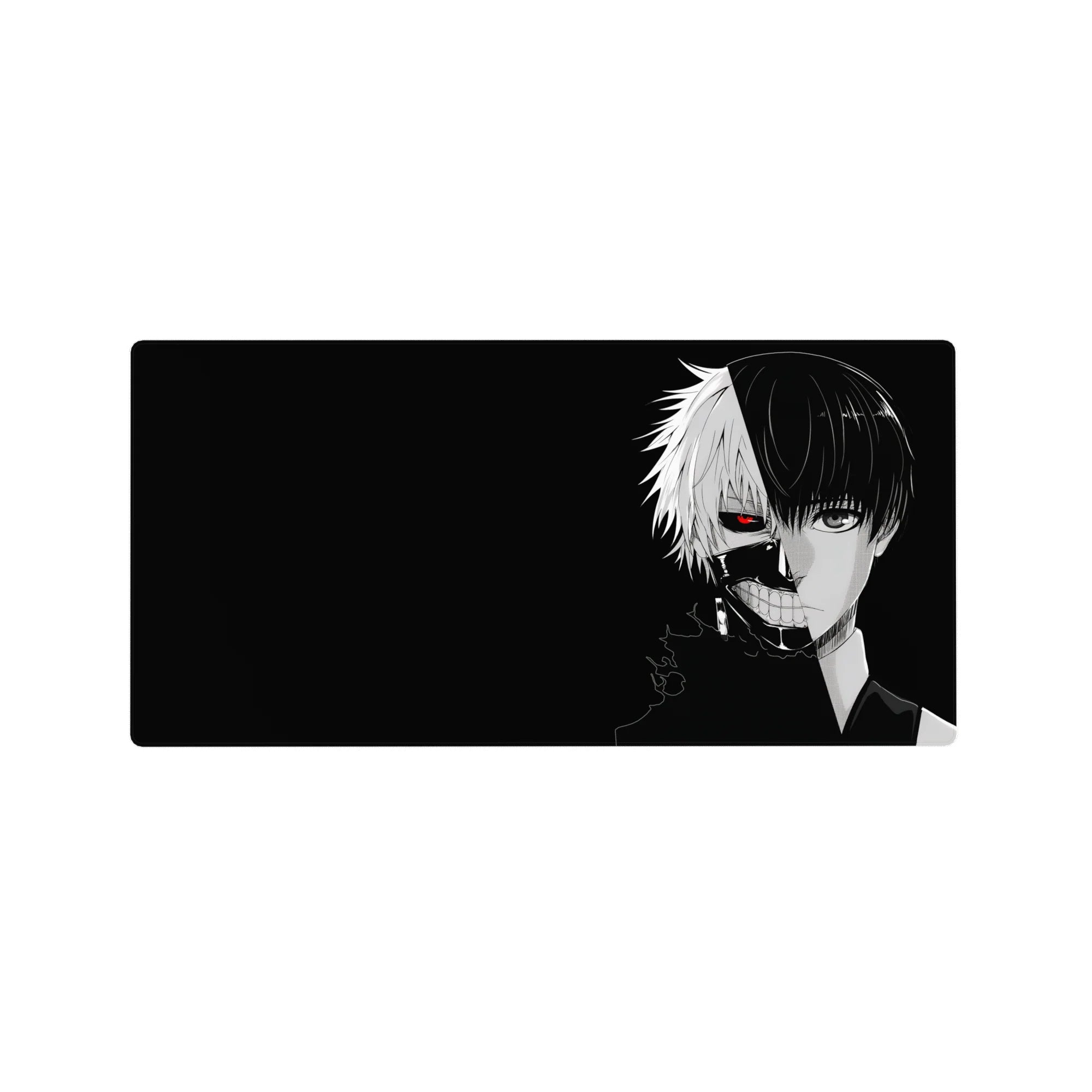 Kaneki split face from Tokyo Ghoul on a 32x16 inch anime mouse pad, featuring a glowing red eye against a black background.