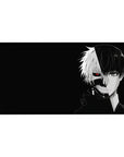 Kaneki split face Tokyo Ghoul anime desk pad, 40x20 inches, with intense red eye and black background for powerful decor.