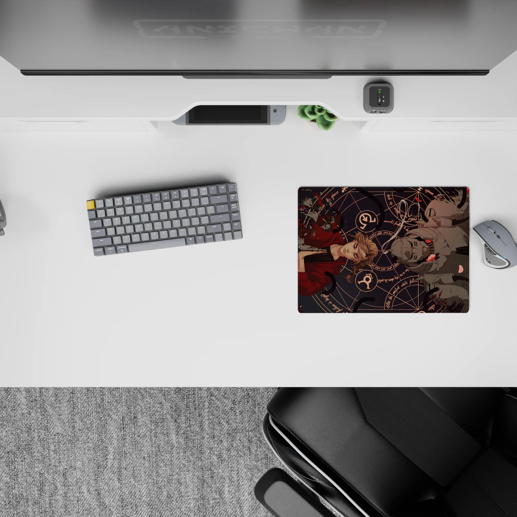 Dark navy 14x10 inches anime mouse pad with crimson coat, silver accents, and calm haunting vibe.