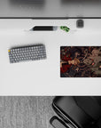 Dark navy 14x10 inches anime mouse pad with crimson coat, silver accents, and calm haunting vibe.