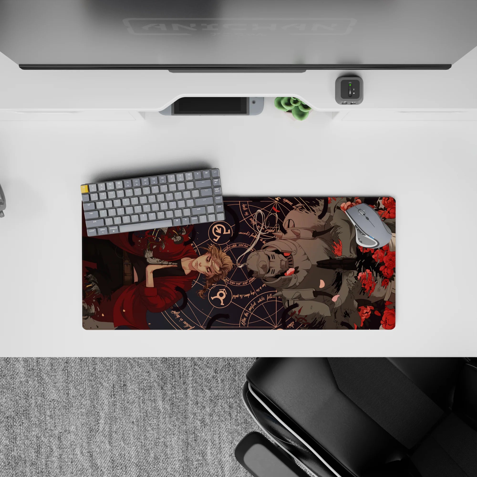 28x12 inches anime mouse pad in dark navy with crimson accents, haunting calm vibe, petals and runes.
