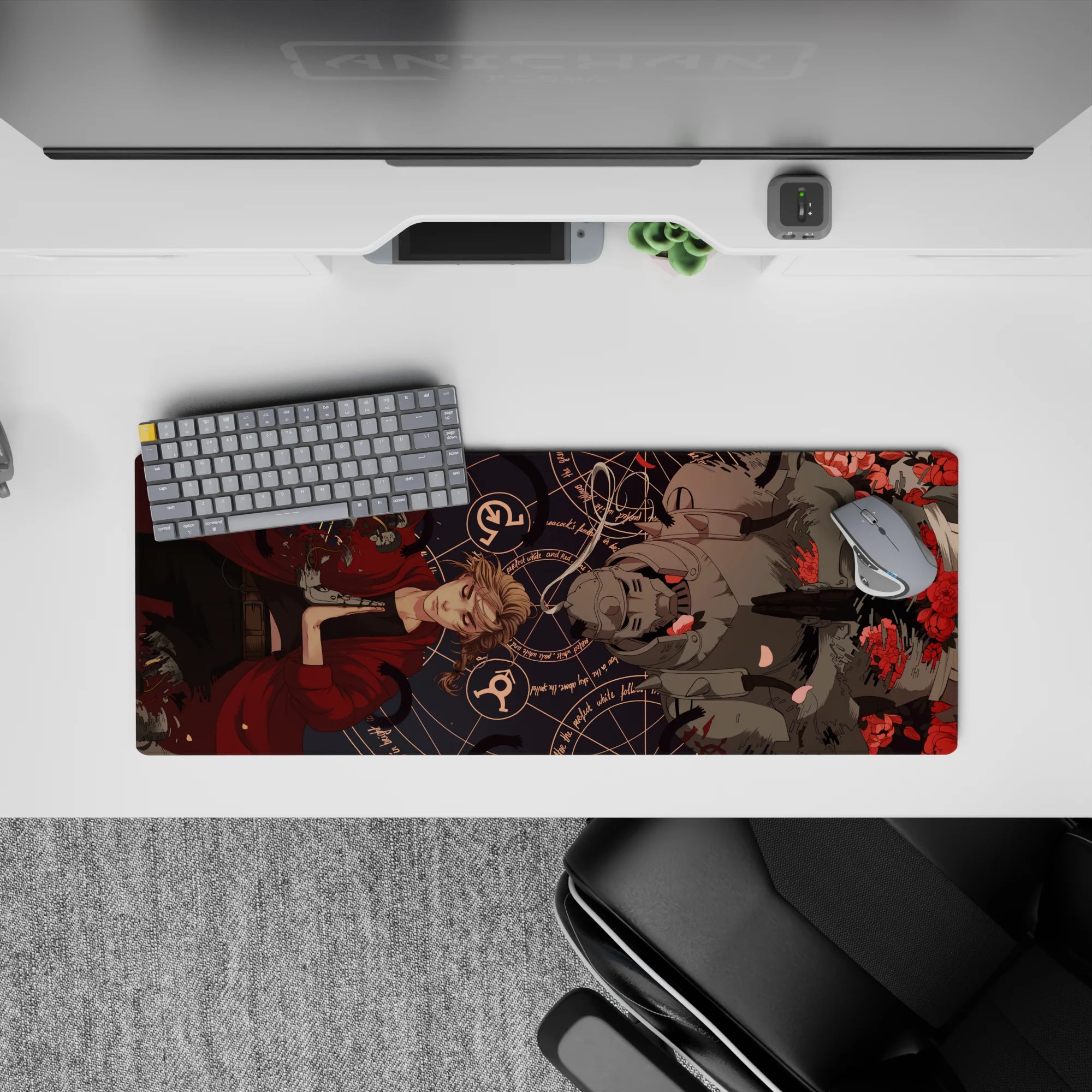 32x12 inches anime mouse pad in dark navy with crimson roses and haunting, calm late-night vibe.
