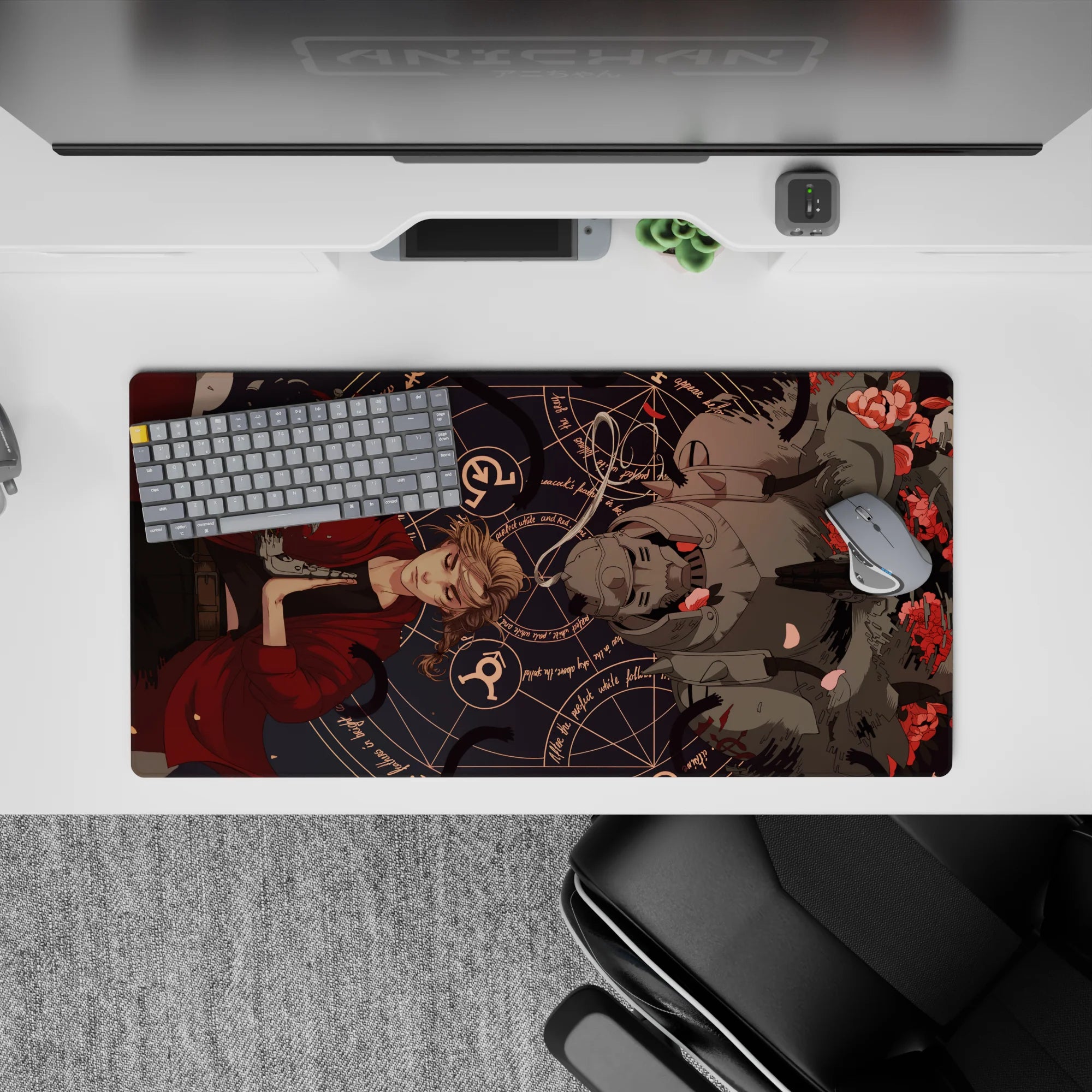 32x16 inches anime mouse pad in dark navy with crimson accents, eerie calm vibe, petals and runes.