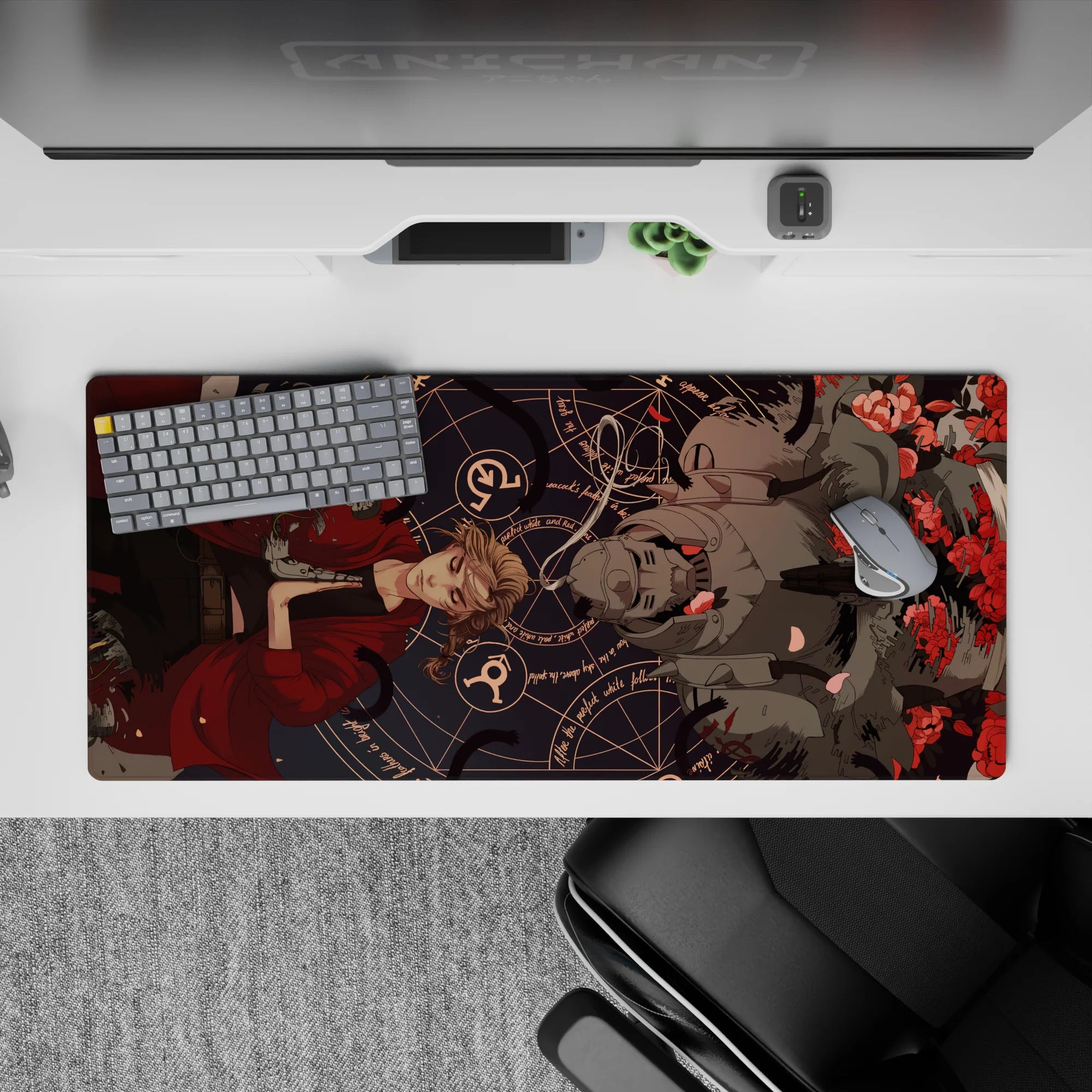 36x16 inches anime desk pad in dark navy with crimson accents, eerie calm vibe, alchemy circles.