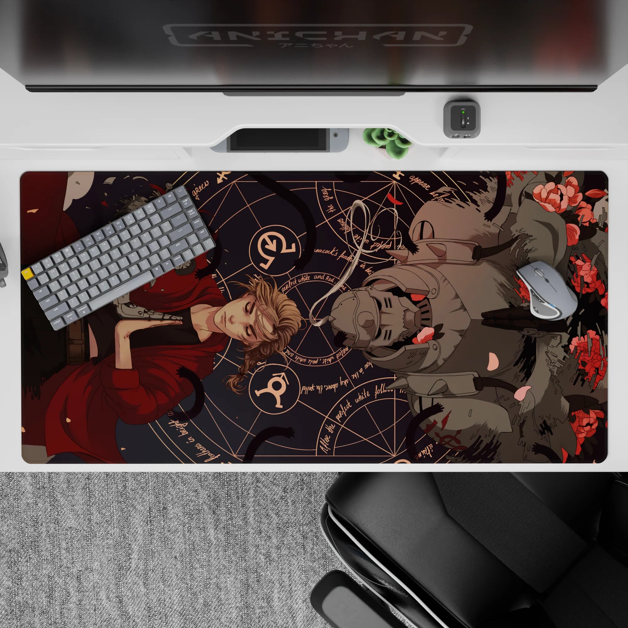 Dark navy anime desk pad 40x20 inches in calm haunting tones, red accents, alchemy circles, petals.
