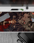Dark navy anime desk pad 40x20 inches in calm haunting tones, red accents, alchemy circles, petals.