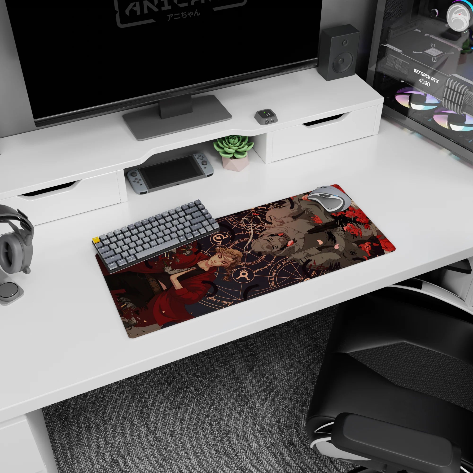 28x12 inches anime mouse pad showing blonde in flowing red coat reaching for pistol, facing red-eyed helm.