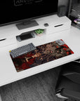 28x12 inches anime mouse pad showing blonde in flowing red coat reaching for pistol, facing red-eyed helm.