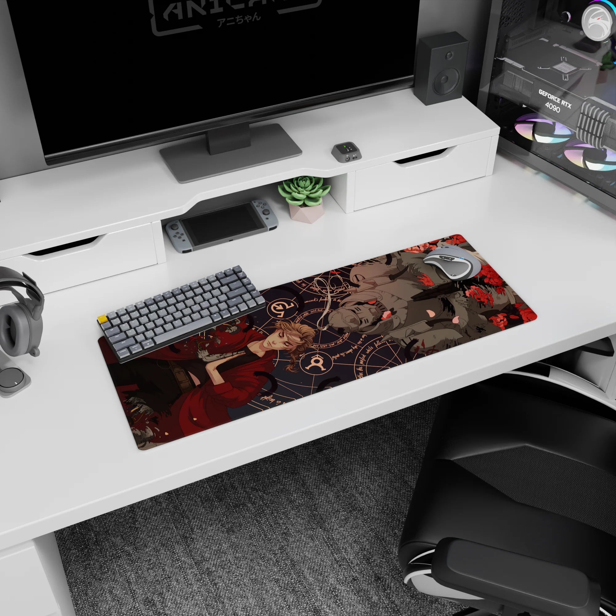 32x12 inches anime mouse pad showing a blonde drifting sideways facing a red-eyed gray helm amid petals.