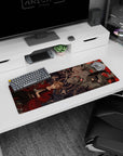 32x12 inches anime mouse pad showing a blonde drifting sideways facing a red-eyed gray helm amid petals.