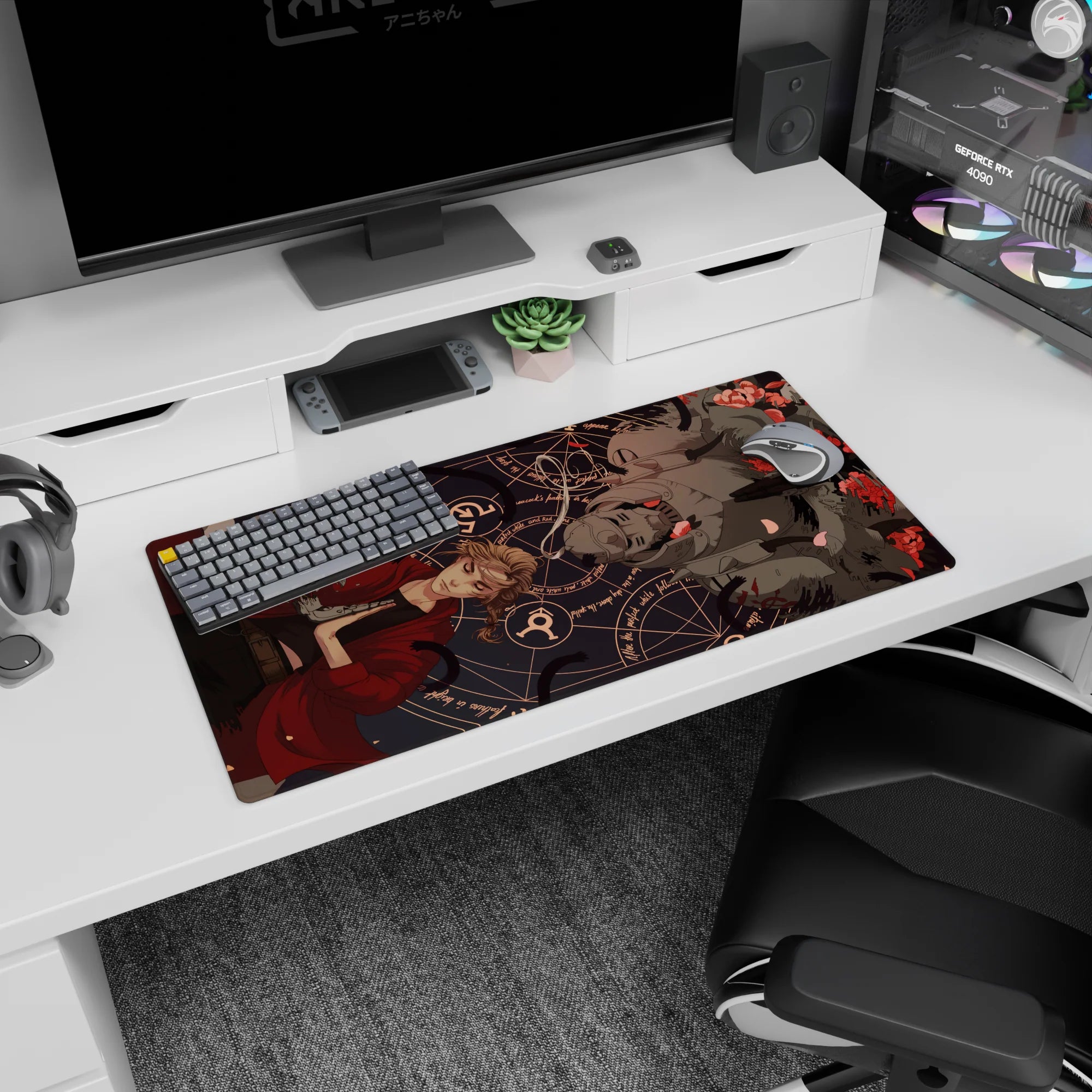 32x16 inches anime mouse pad showing a blonde in a flowing red coat near a silver pistol facing a red-eye helm.