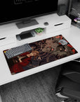32x16 inches anime mouse pad showing a blonde in a flowing red coat near a silver pistol facing a red-eye helm.