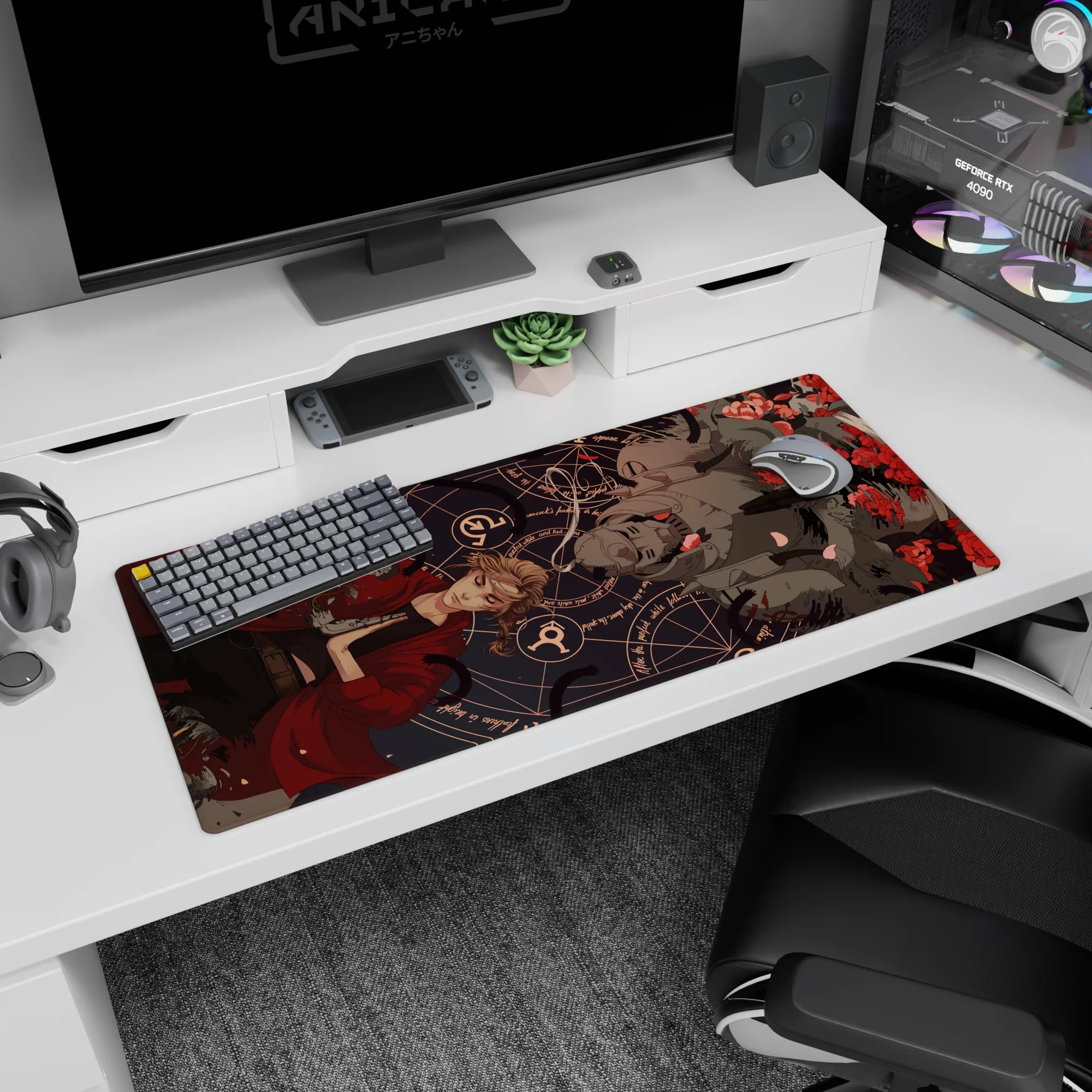 36x16 inches anime desk pad showing blonde in flowing red coat reaching for pistol, red-eye helm.