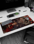 36x16 inches anime desk pad showing blonde in flowing red coat reaching for pistol, red-eye helm.
