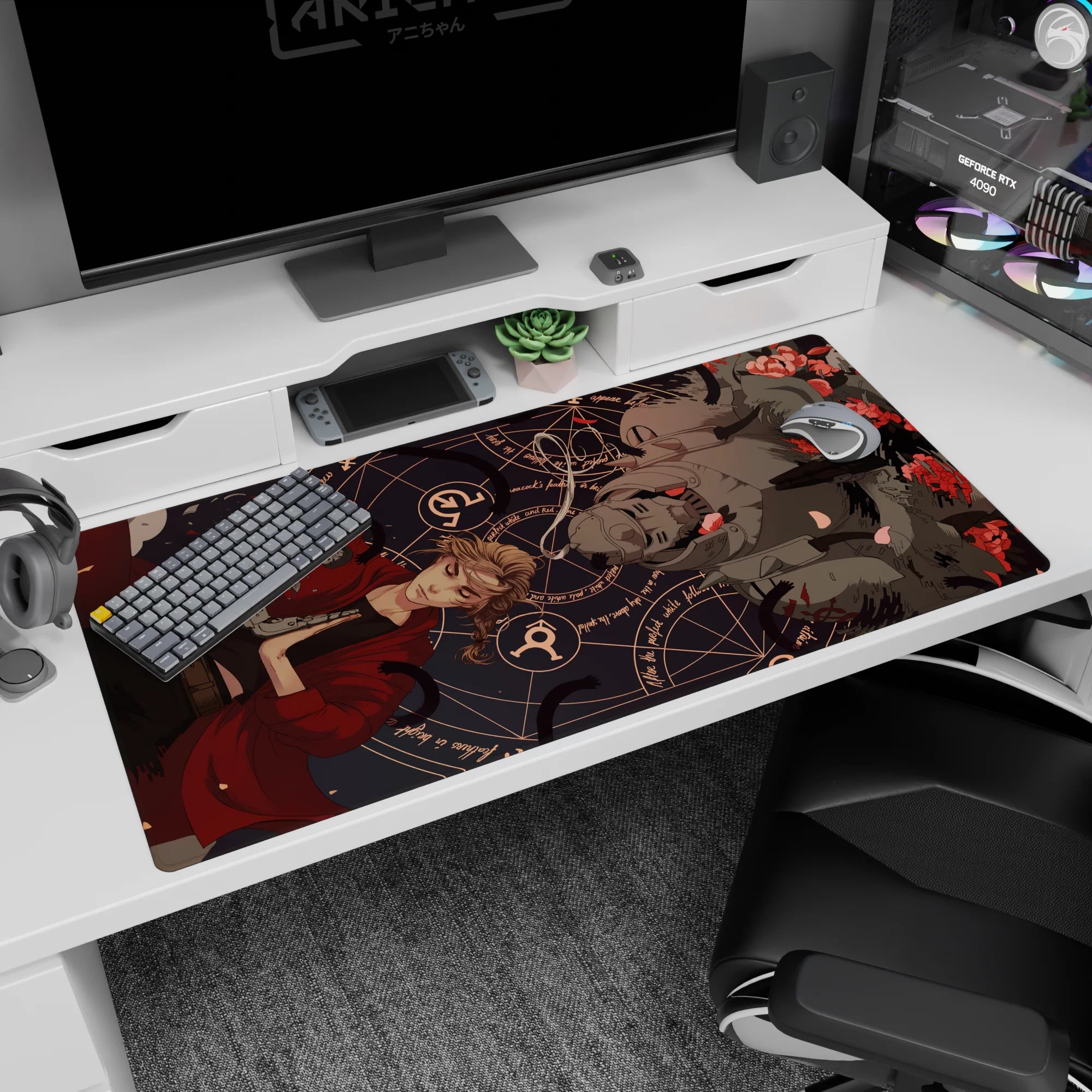 Anime desk pad 40x20 inches showing blonde in red coat reaching for silver pistol facing red-eye helm.