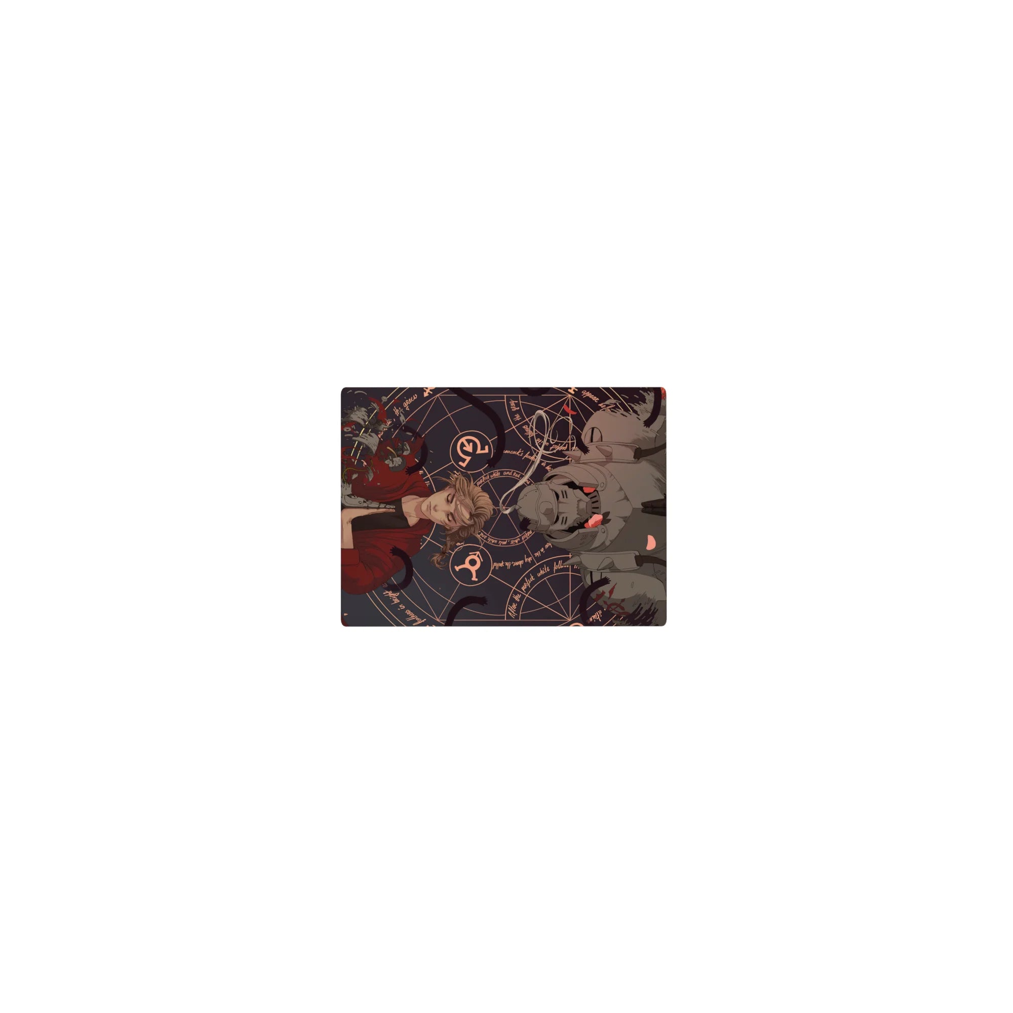 Classic anime mouse pad 14x10 inches with blonde in red coat, armored helm, roses, and alchemy sigils.