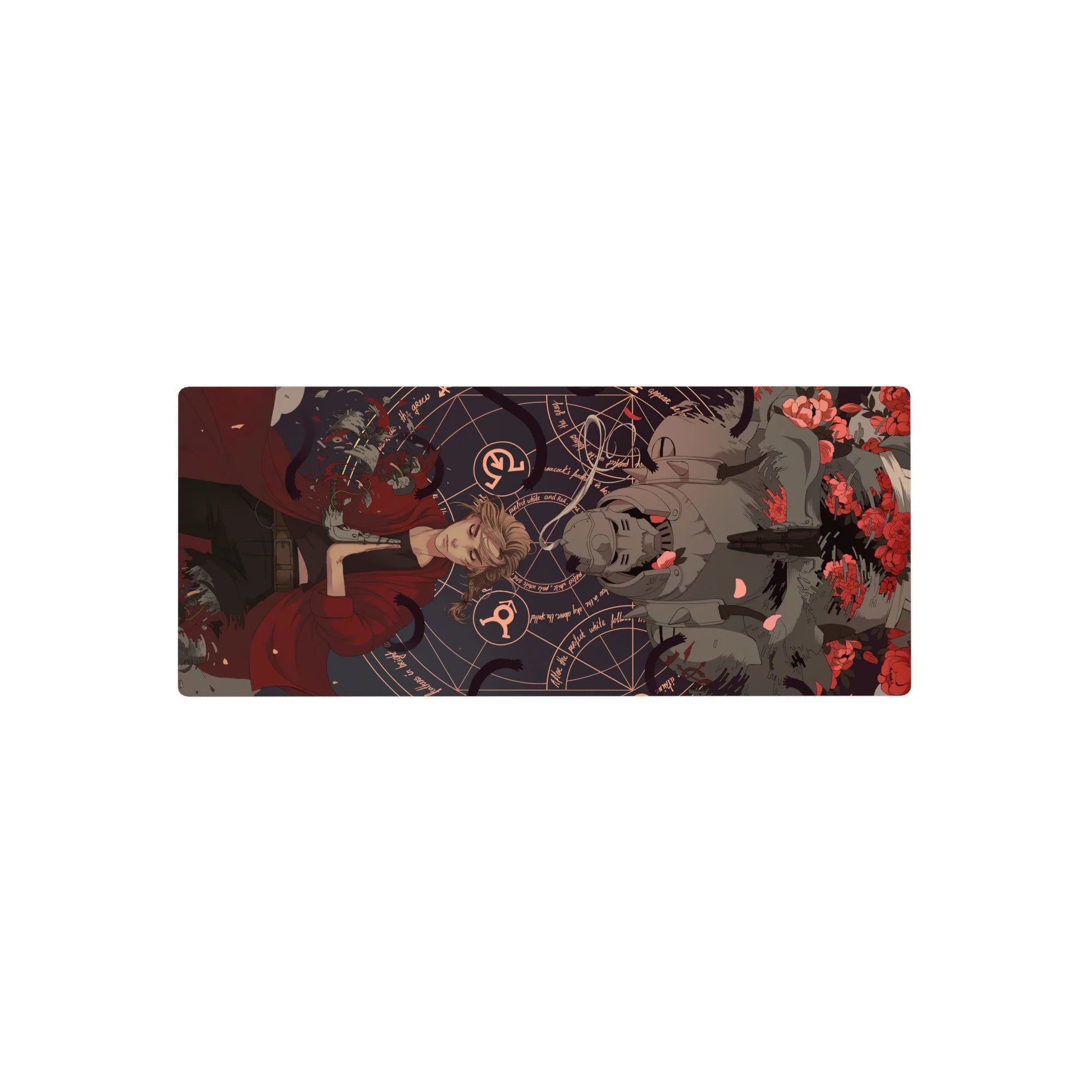 28x12 inches anime mouse pad with floating blonde in red coat, red-eyed helm, roses, alchemy sigils.