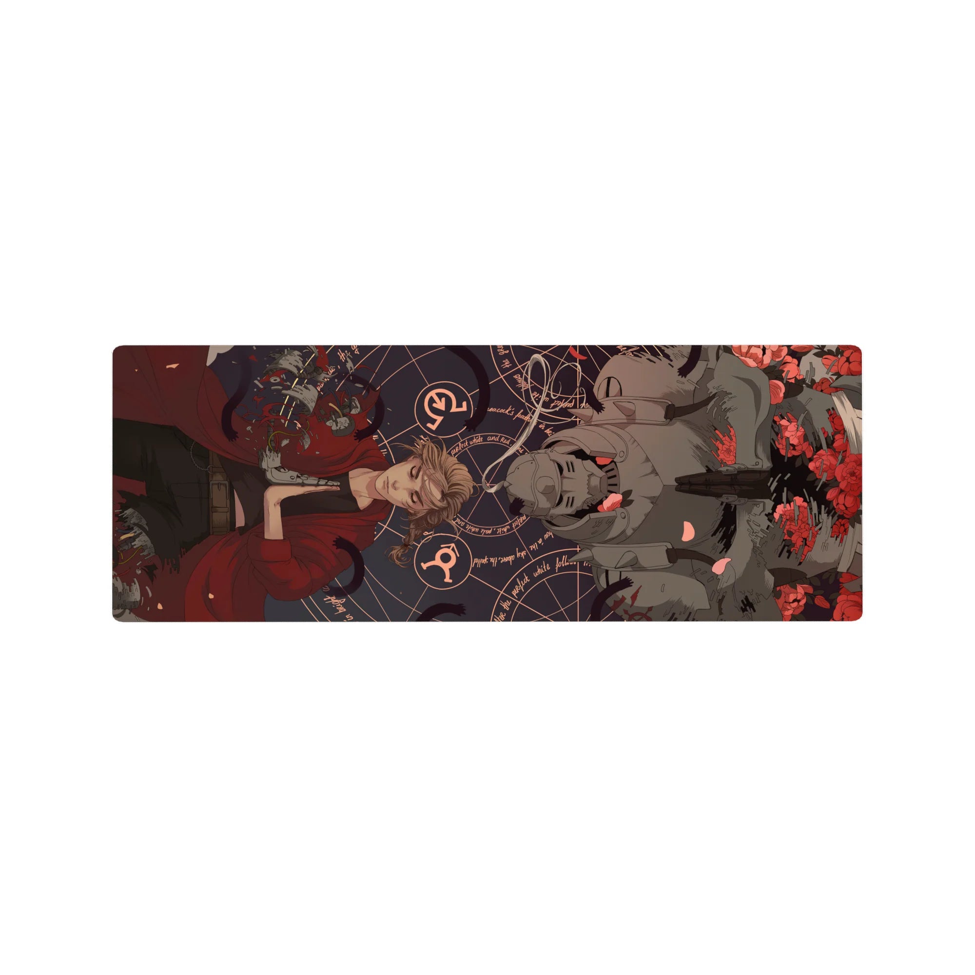 32x12 inches anime mouse pad with red-coated blonde, silver pistol, armored helm, roses, and alchemy sigils.
