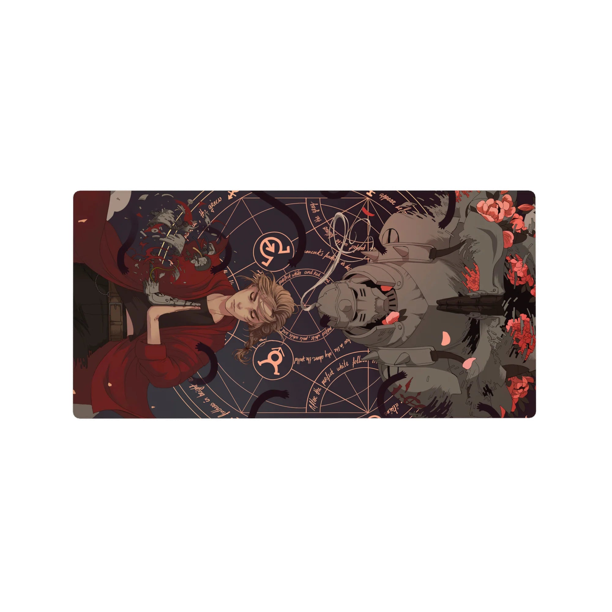 32x16 inches anime mouse pad with red-coated blonde, armored red-eye helm, roses, and alchemy sigils.