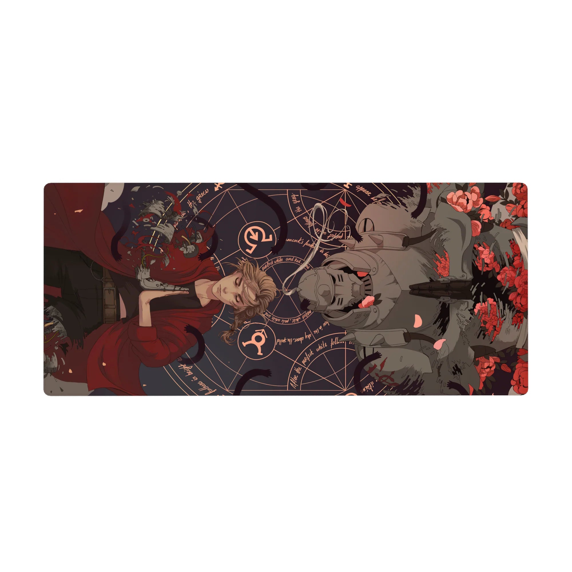 36x16 inches anime desk pad with red-coated blonde, armored red-eye helm, roses, sigils on navy.