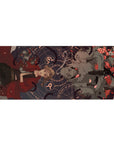 36x16 inches anime desk pad with red-coated blonde, armored red-eye helm, roses, sigils on navy.