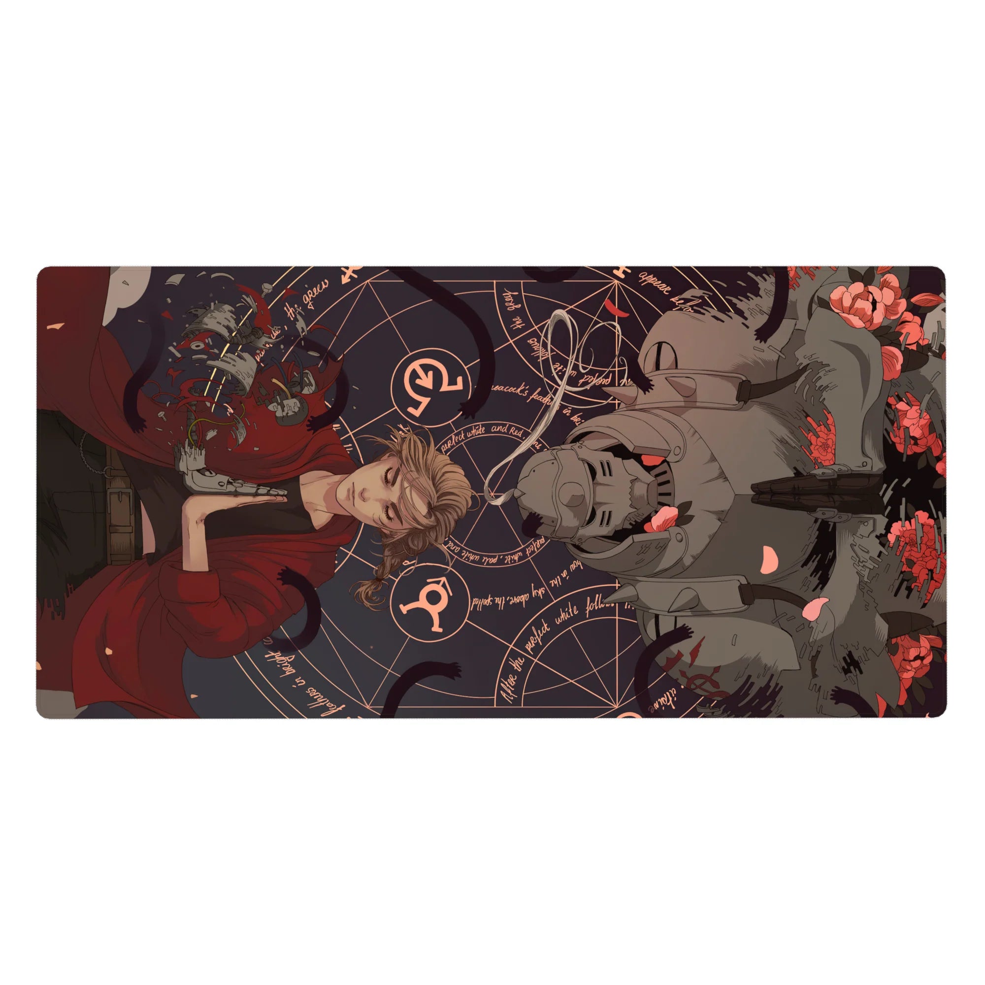 Anime desk pad 40x20 inches with floating blonde in red coat, armored red-eye helm, roses, sigils.