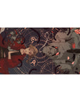 Anime desk pad 40x20 inches with floating blonde in red coat, armored red-eye helm, roses, sigils.