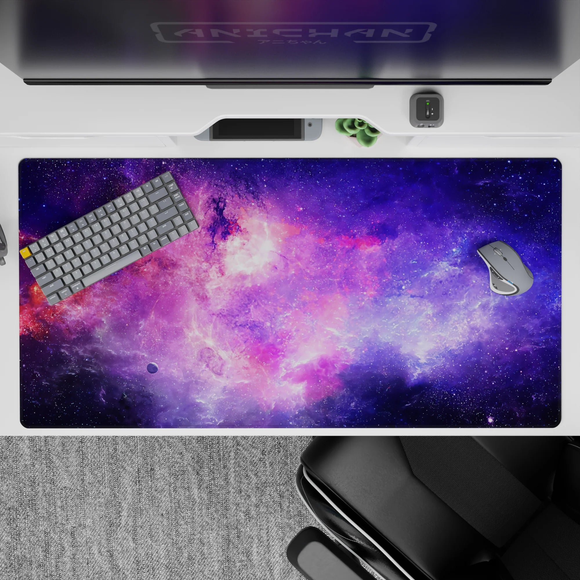 Violet, electric blue, and cotton-candy pink desk pad 40x20 inches for a dreamy night-sky vibe.