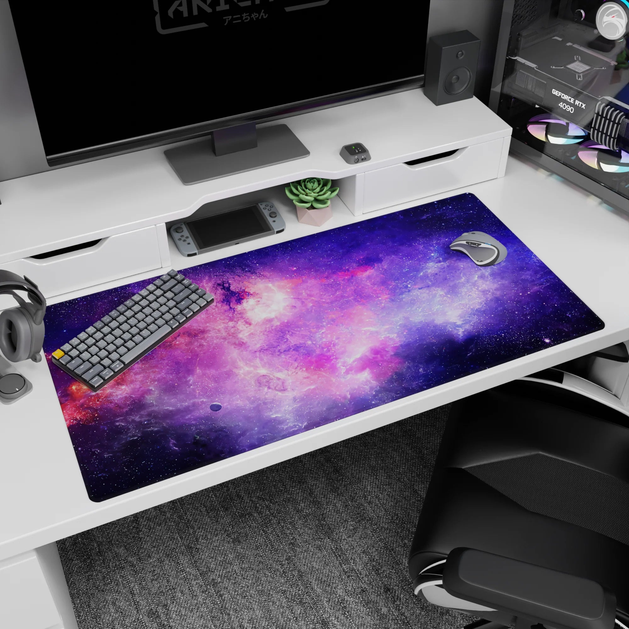 Stargazing scene desk pad 40x20 inches with soft cosmic clouds, galaxies, and space dust.