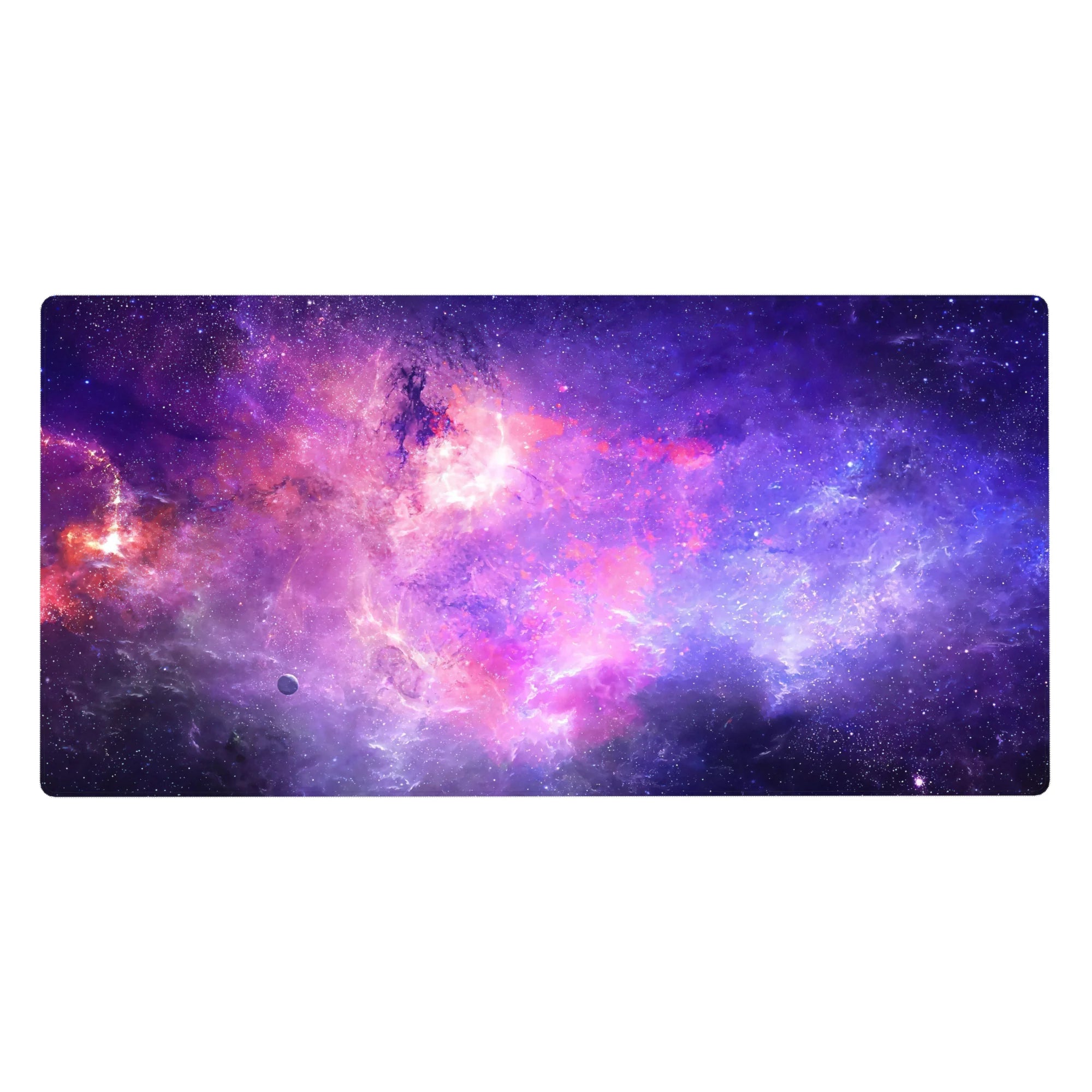 Nebula galaxy desk pad 40x20 inches with watercolor swirls and tiny star speckles.