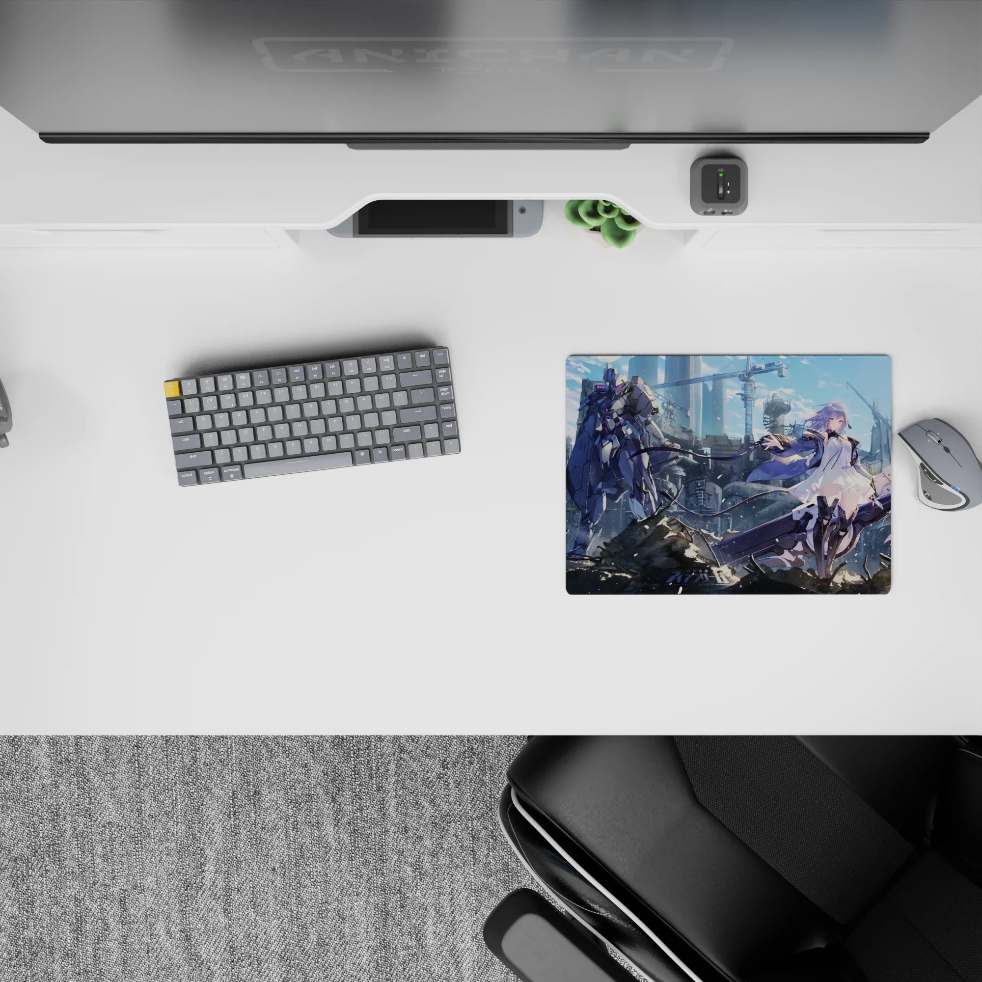 Sci-fi anime mouse pad 14x10 inches in sky blues and smoky grays with metallic ruins backdrop.