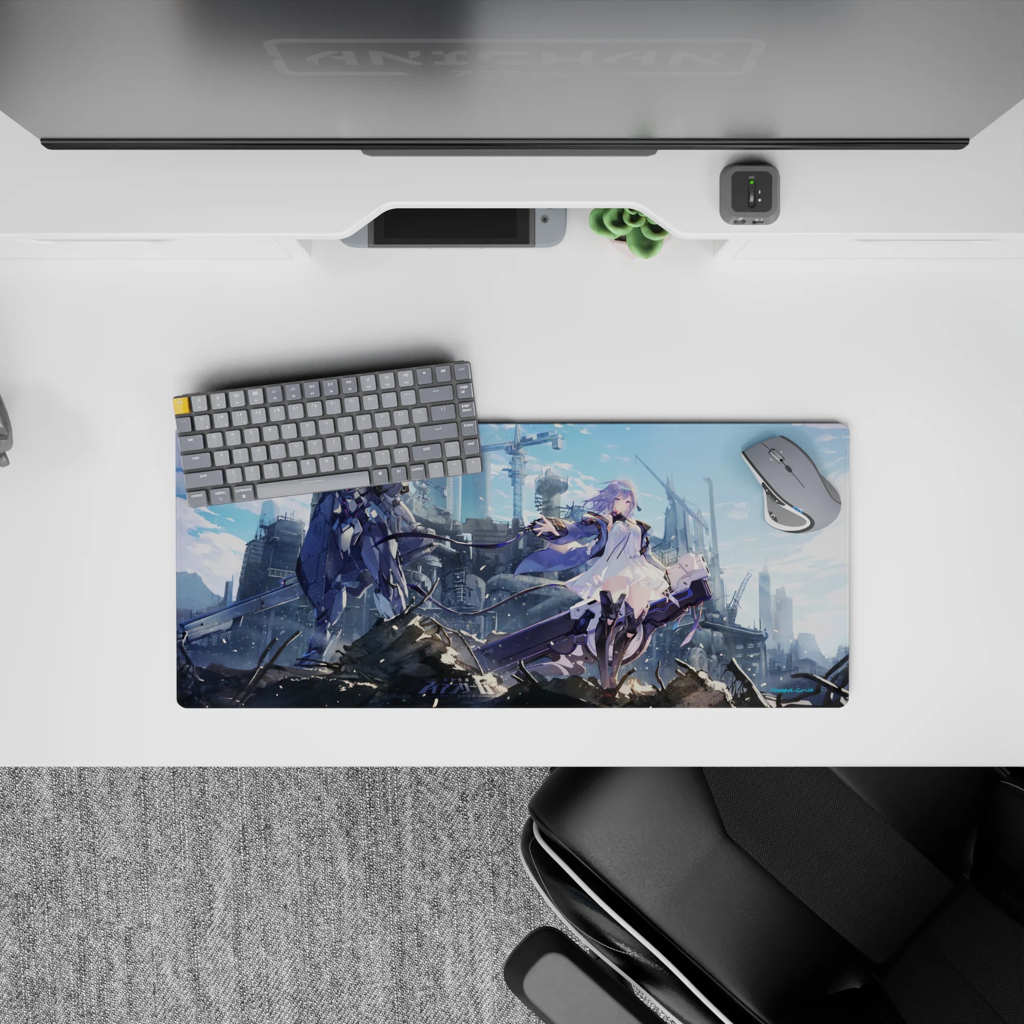 28x12 inches sci-fi anime desk mat in cool sky blues and smoky grays with metallic highlights.