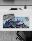 28x12 inches sci-fi anime desk mat in cool sky blues and smoky grays with metallic highlights.
