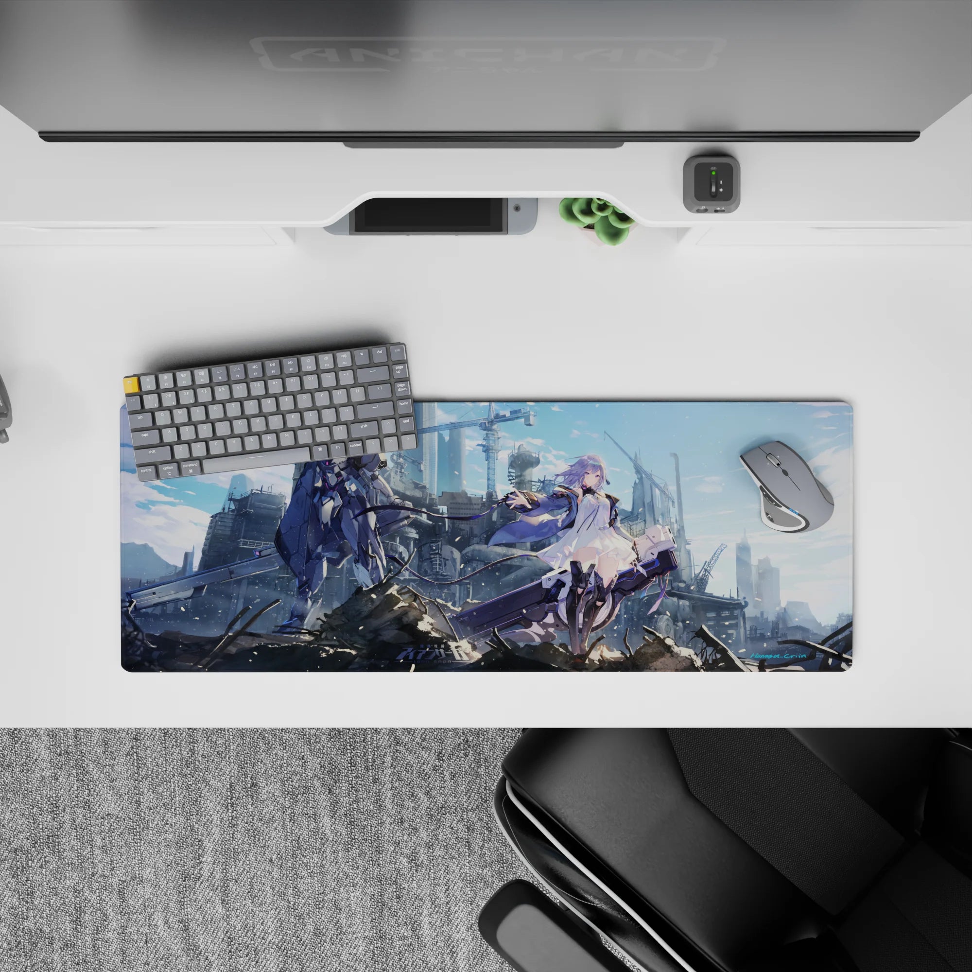 32x12 inches anime desk mouse pad in cool sky blues and smoky grays with metallic sci-fi highlights.