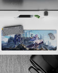 32x12 inches anime desk mouse pad in cool sky blues and smoky grays with metallic sci-fi highlights.