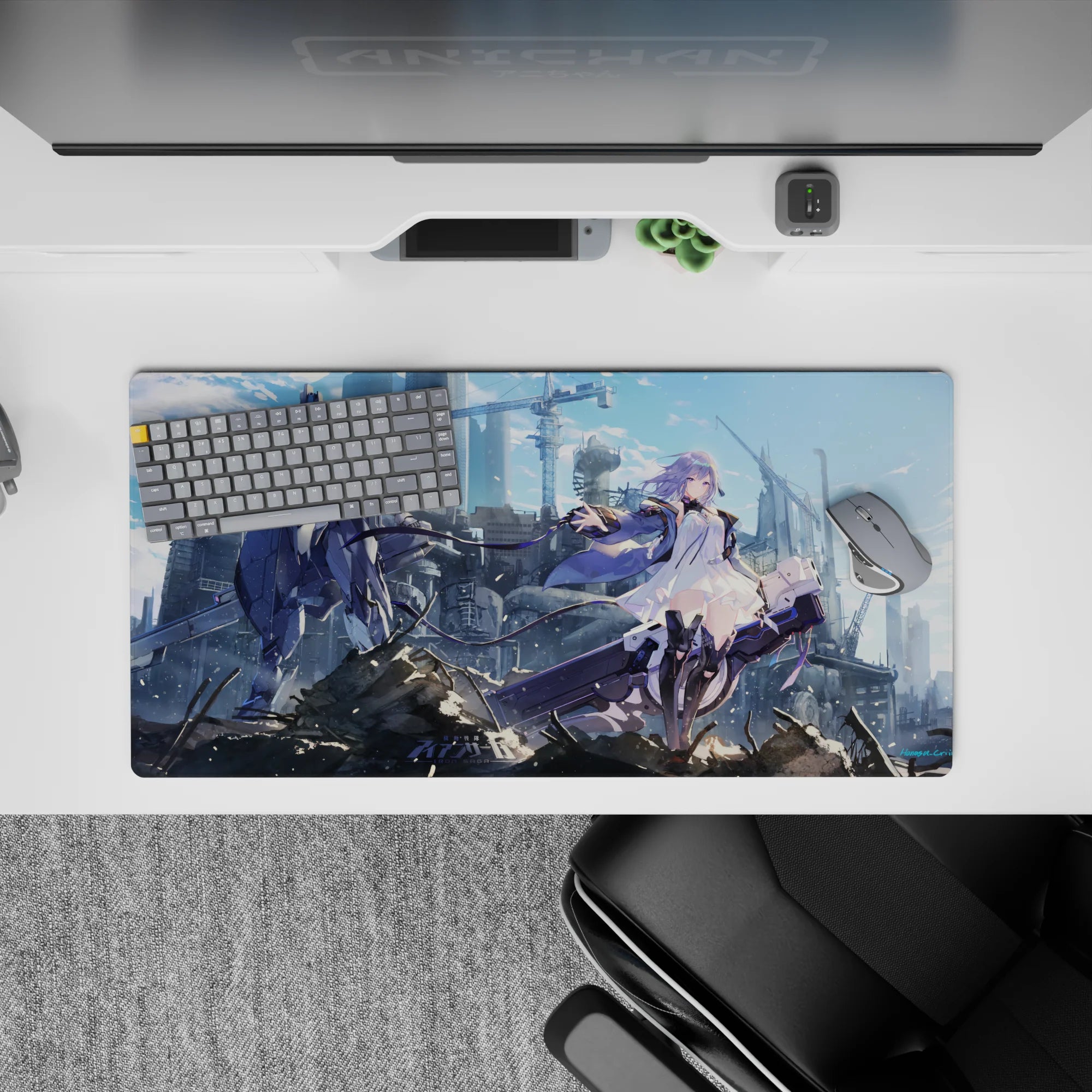 32x16 inches anime girl mouse pad in cool sky blues and smoky grays, metallic highlights, sci-fi mood.
