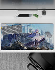 32x16 inches anime girl mouse pad in cool sky blues and smoky grays, metallic highlights, sci-fi mood.
